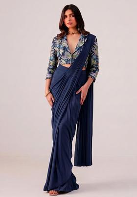 Midnight Blue Printed Crepe Pre Draped Saree Set
