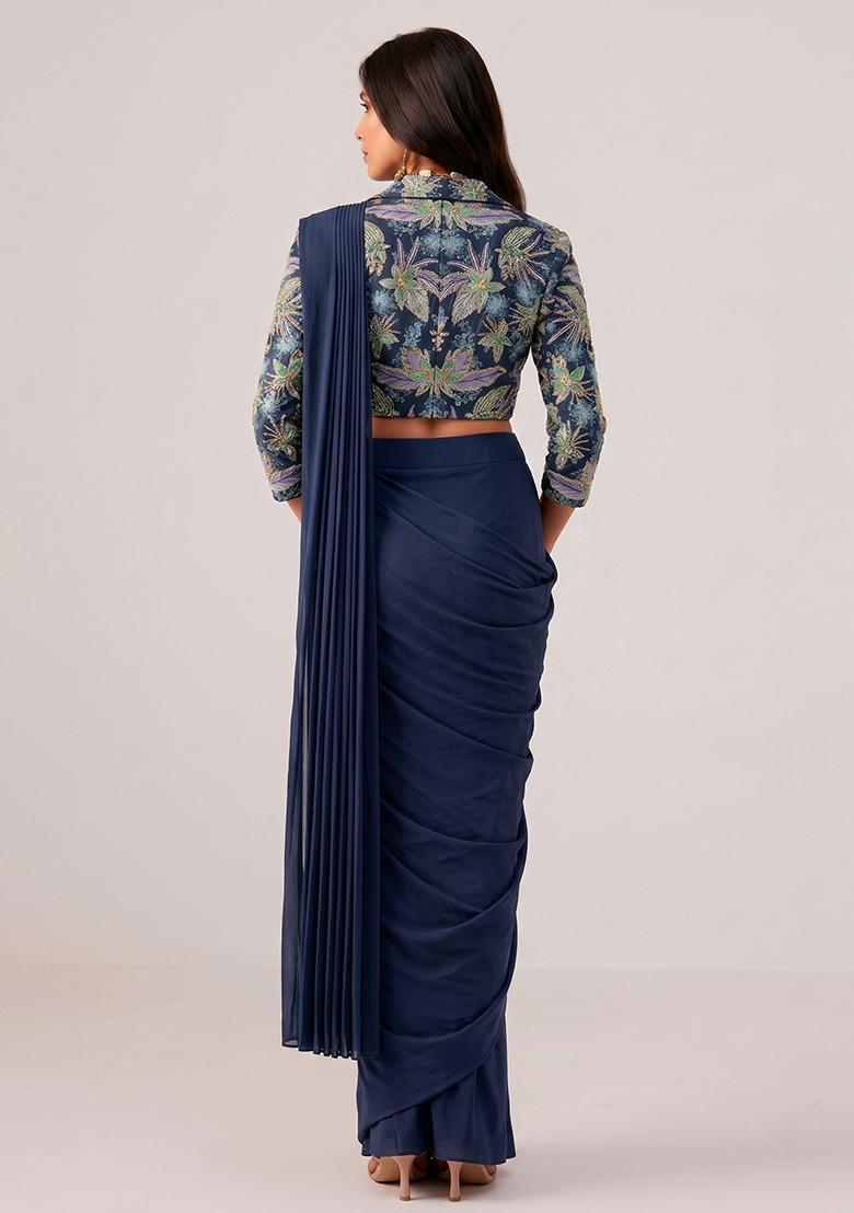 Midnight Blue Printed Crepe Pre Draped Saree Set - Indya