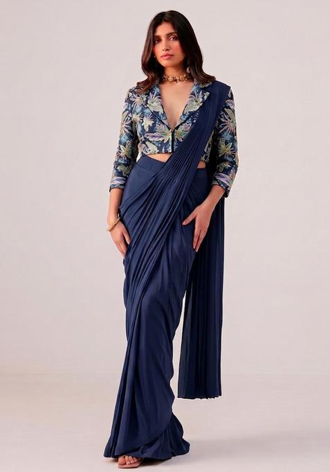 Midnight Blue Printed Crepe Pre Draped Saree Set