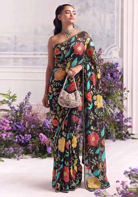 Black Printed Organza Pre Draped Saree Set