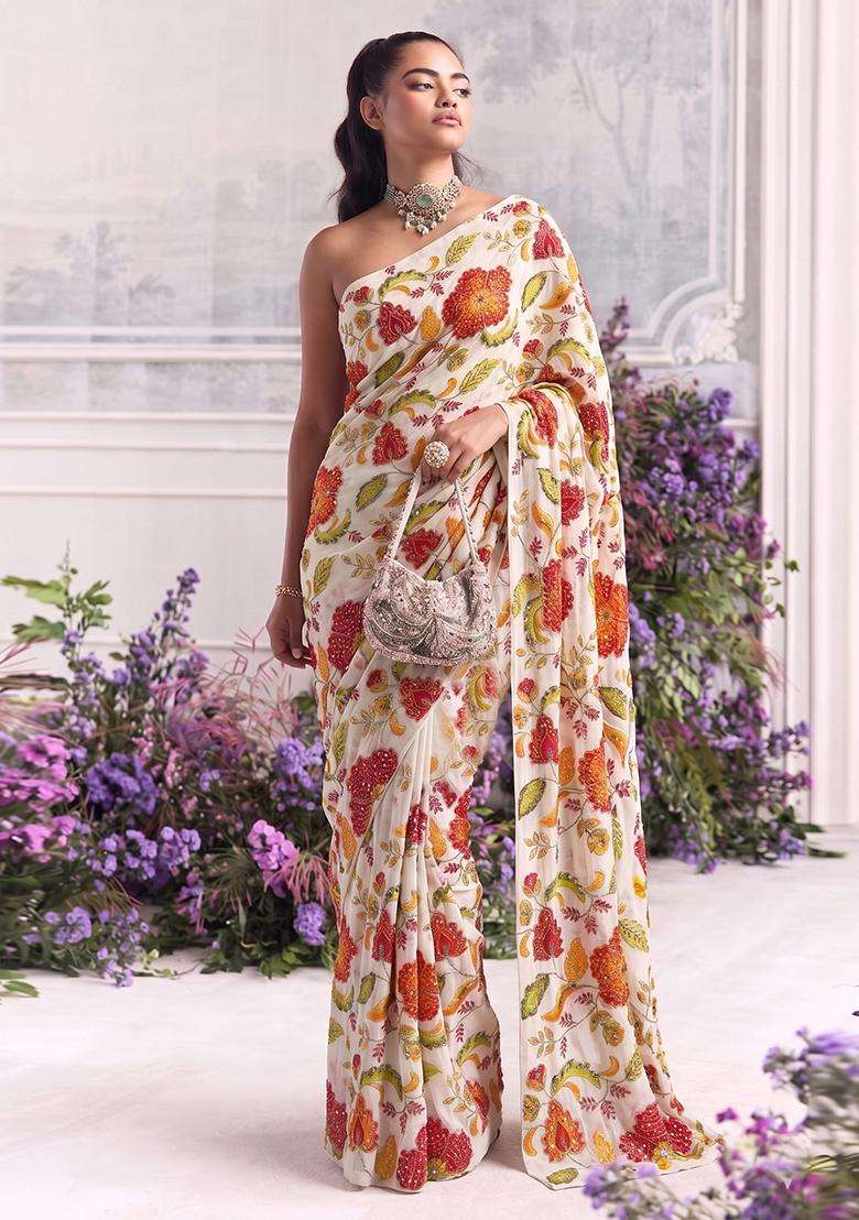 Cream Printed Organza Pre Draped Saree Set - Indya