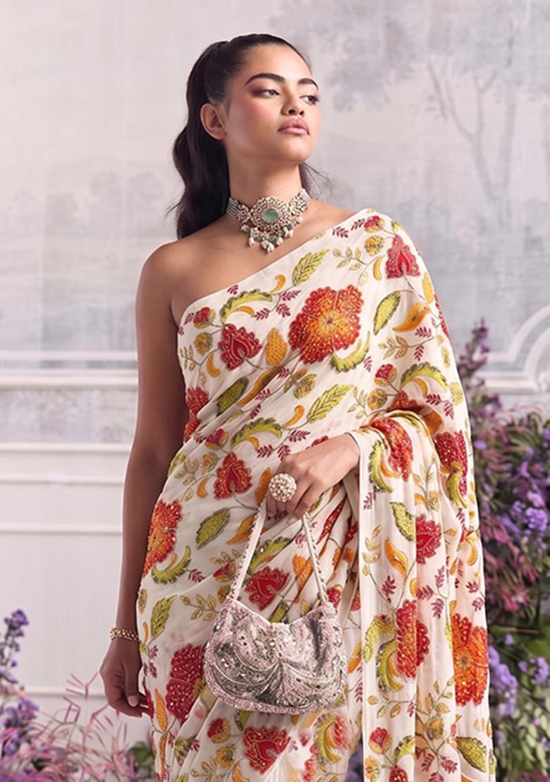 Cream Printed Organza Pre Draped Saree Set - Indya
