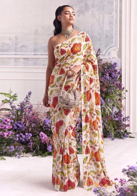 Cream Printed Organza Pre Draped Saree Set