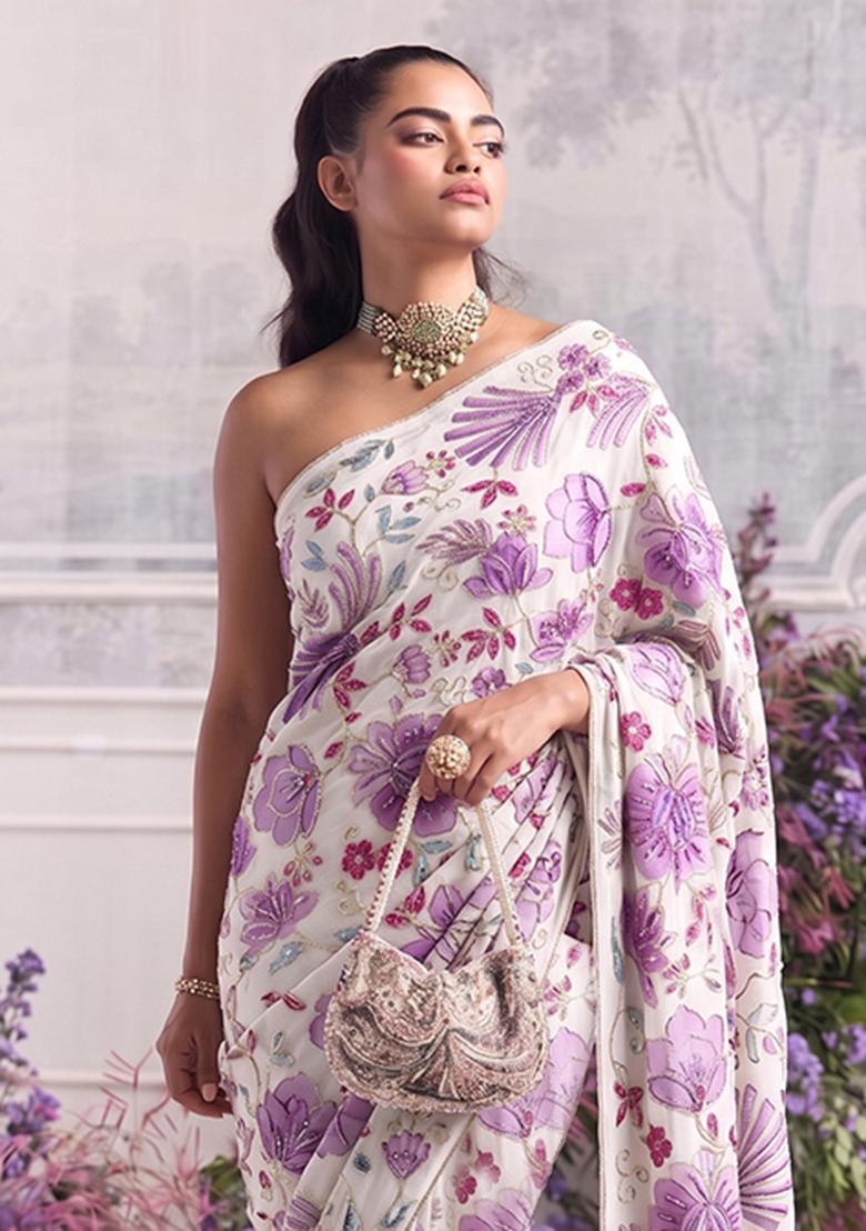 Lavender Printed Organza Pre Draped Saree Set - Indya