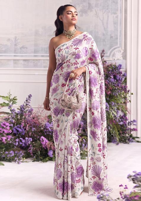 Lavender Printed Organza Pre Draped Saree Set