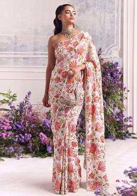 Pink Printed Organza Pre Draped Saree Set