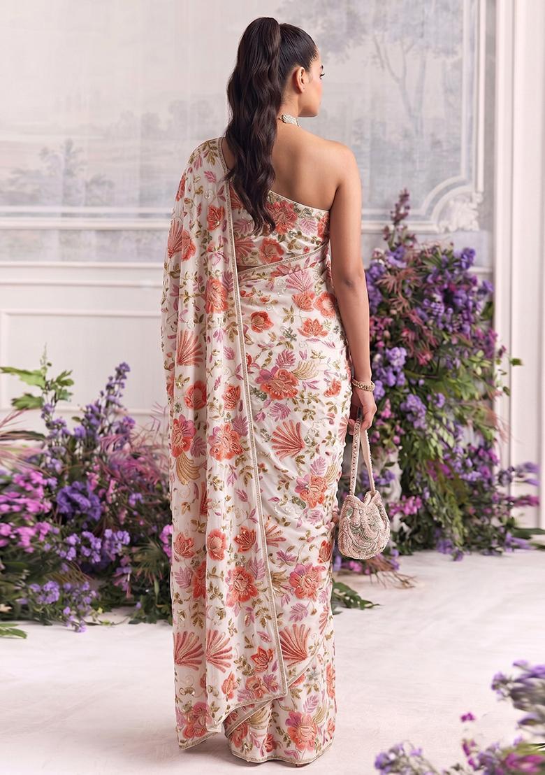 Pink Printed Organza Pre Draped Saree Set - Indya