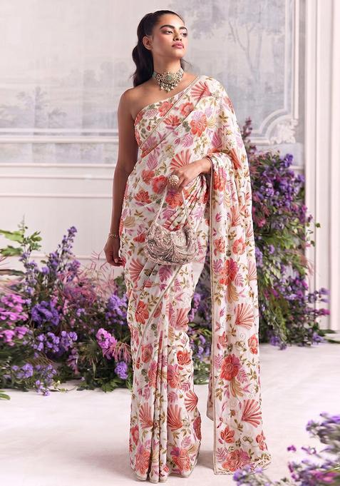 Pink Printed Organza Pre Draped Saree Set