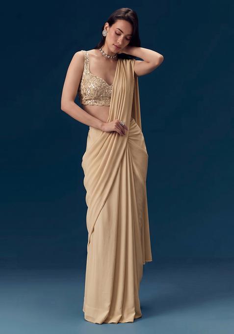 Champagne Gold Embroidered Georgette Pre Draped Saree Set