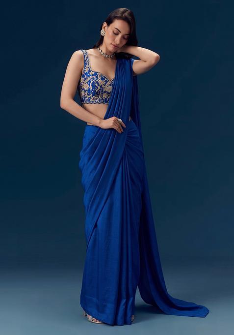 Navy Blue Embroidered Georgette Pre Draped Saree Set