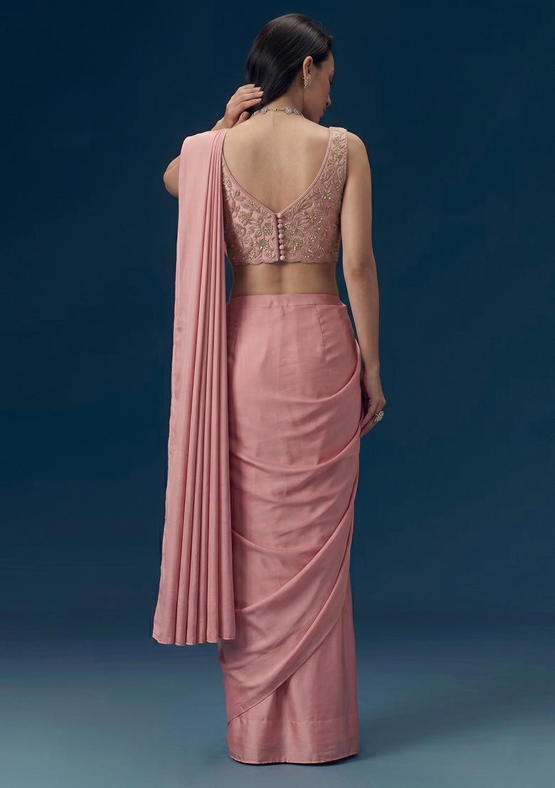 Pink Embroidered Georgette Pre Draped Saree Set - Indya