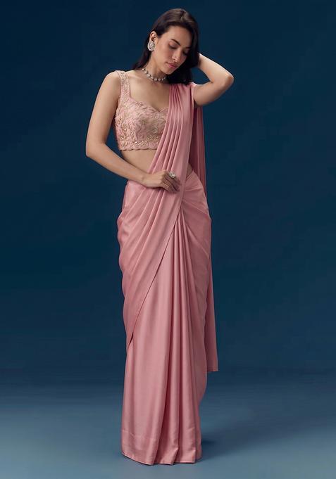 Pink Embroidered Georgette Pre Draped Saree Set