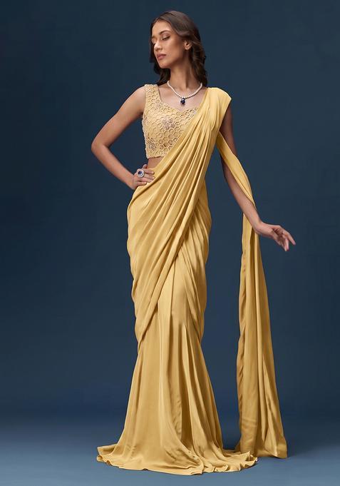 Yellow Embroidered Net Pre Draped Saree Set