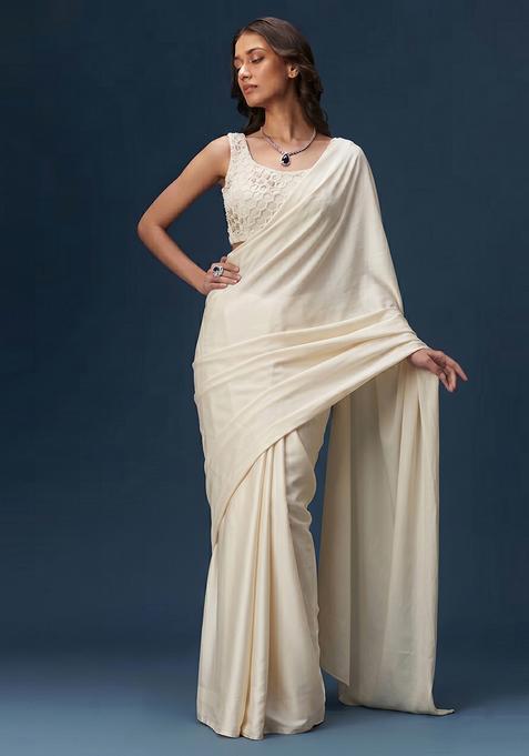 White Embroidered Net Pre Draped Saree Set