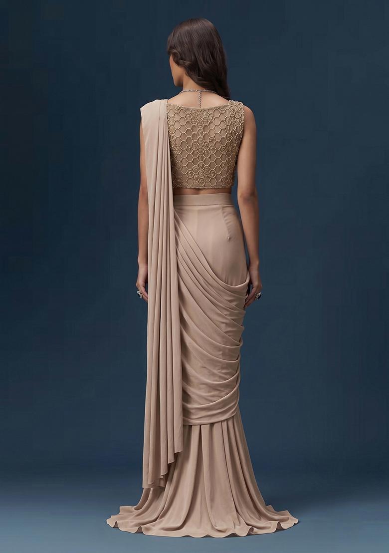 Grey Embroidered Net Pre Draped Saree Set - Indya