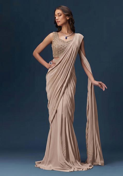 Grey Embroidered Net Pre Draped Saree Set