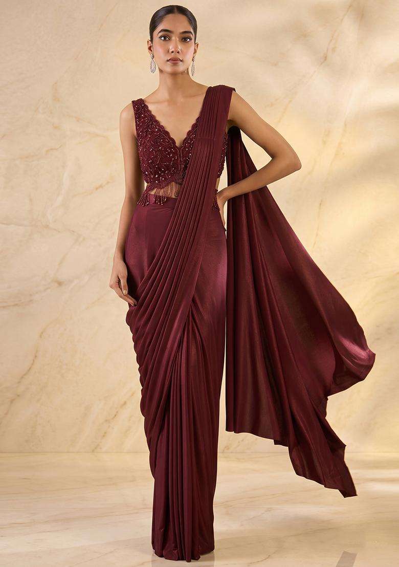 Deep Wine Embroidered Handwork Pre Draped Saree Set - Indya