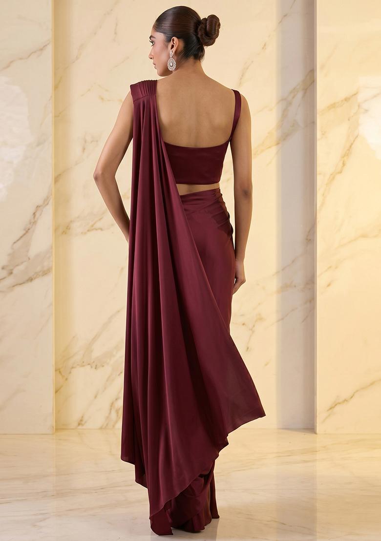 Deep Wine Embroidered Handwork Pre Draped Saree Set - Indya