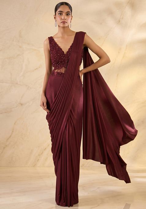 Deep Wine Embroidered Handwork Pre Draped Saree Set