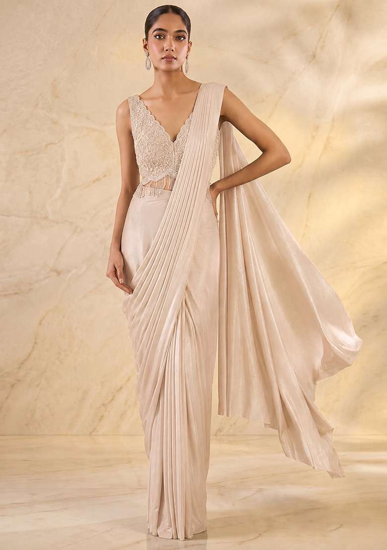 Ivory Embroidered Handwork Pre Draped Saree Set - Indya