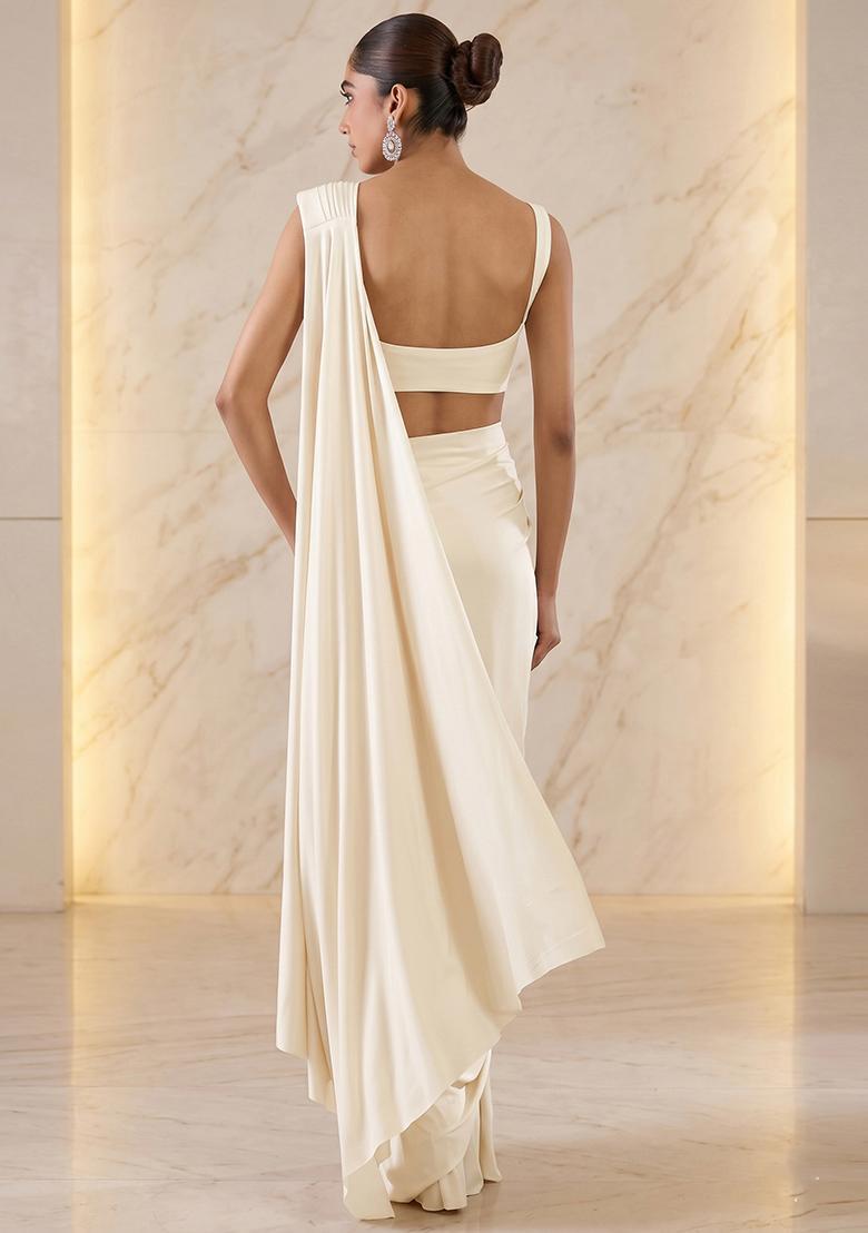 Ivory Embroidered Handwork Pre Draped Saree Set - Indya