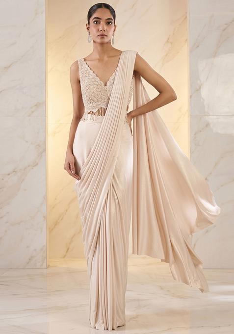 Ivory Embroidered Handwork Pre Draped Saree Set
