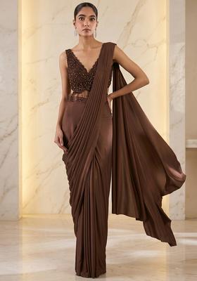 Brown Embroidered Handwork Pre Draped Saree Set