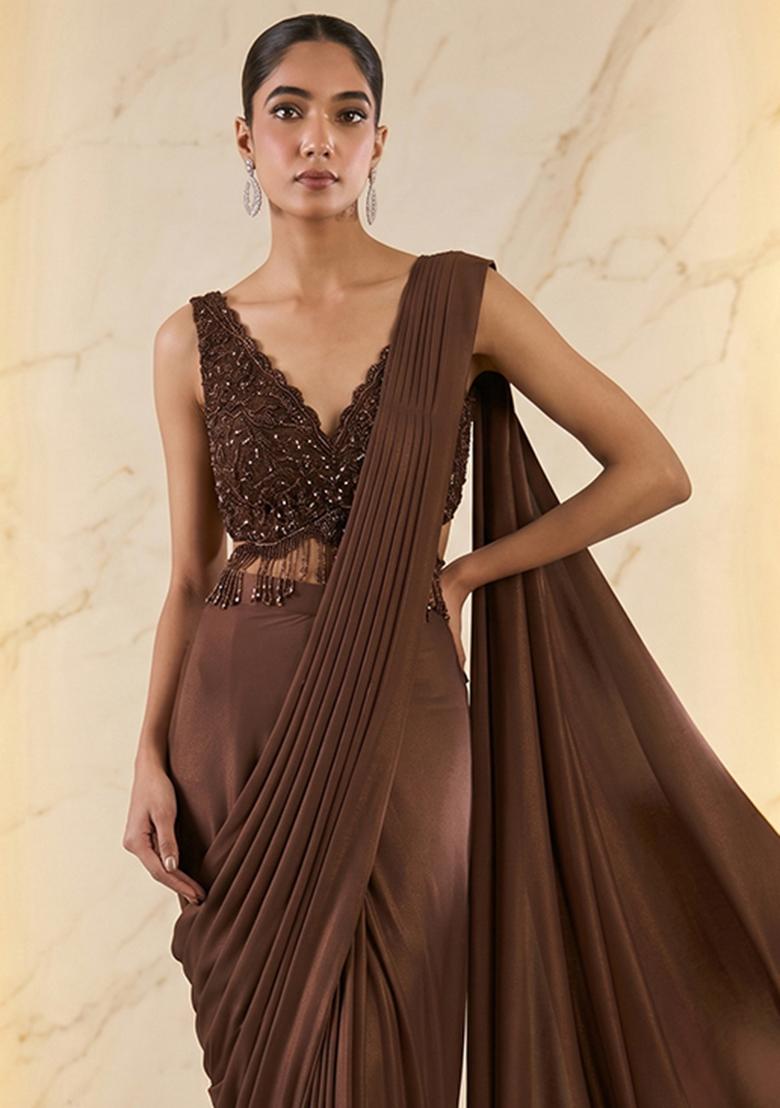 Brown Embroidered Handwork Pre Draped Saree Set - Indya