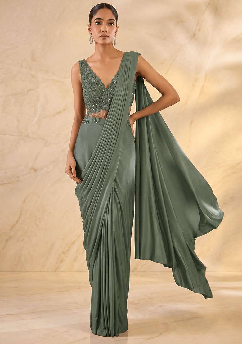 Sage Green Embroidered Handwork Pre Draped Saree Set - Indya