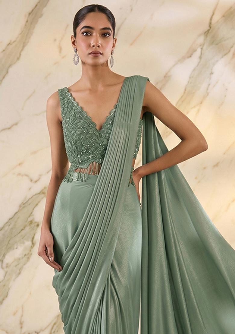 Sage Green Embroidered Handwork Pre Draped Saree Set - Indya