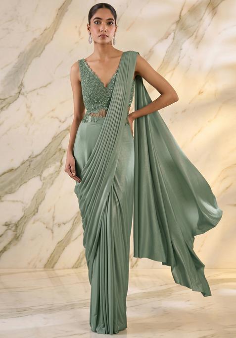 Sage Green Embroidered Handwork Pre Draped Saree Set