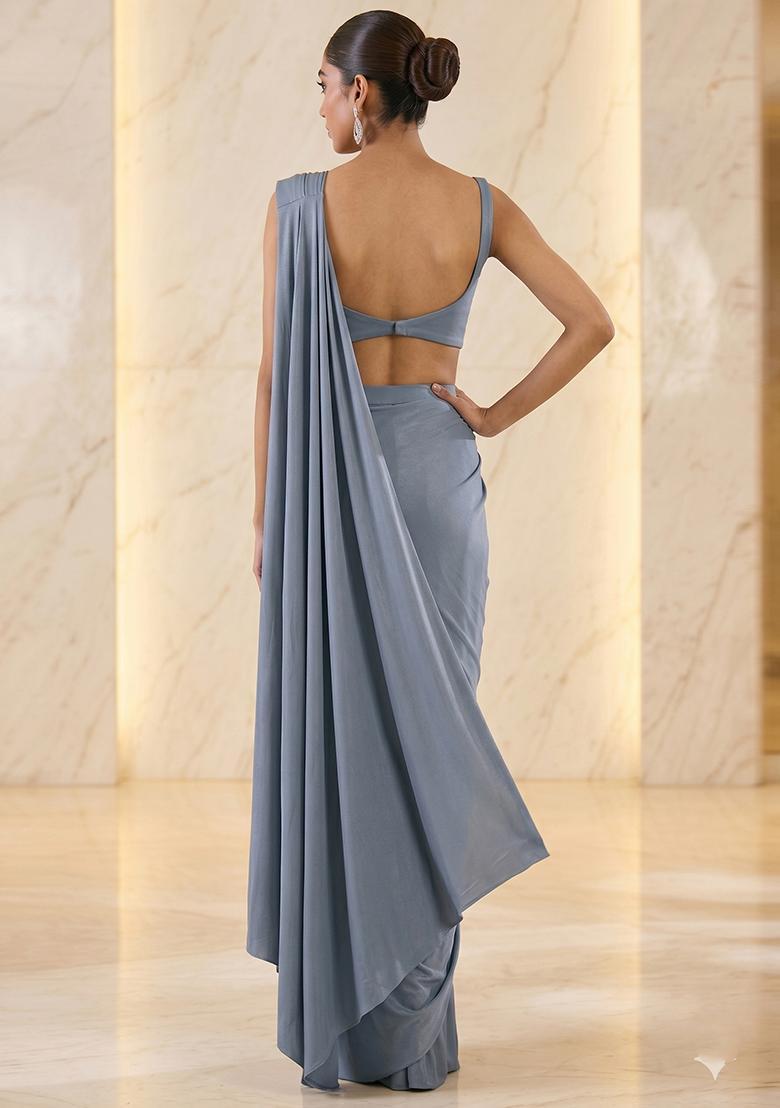 Pastel Blue Embroidered Handwork Pre Draped Saree Set - Indya