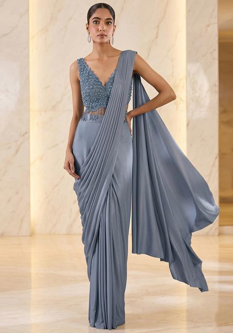 Pastel Blue Embroidered Handwork Pre Draped Saree Set