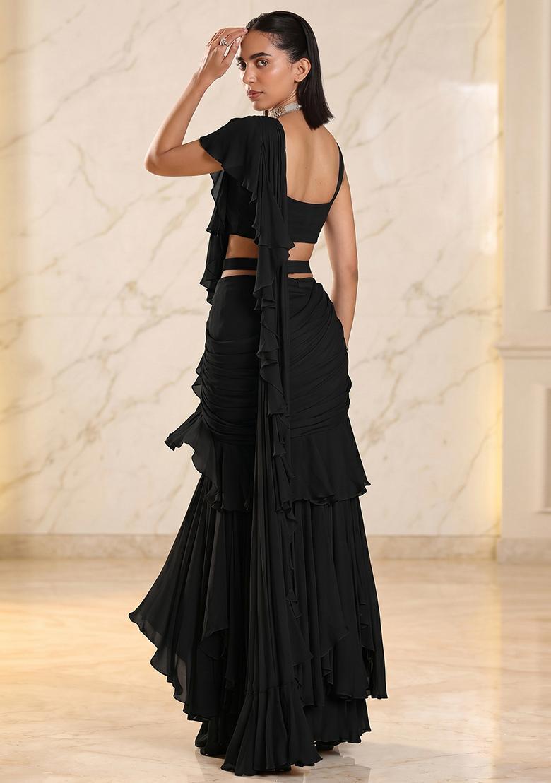 Black Embroidered Handwork Pre Draped Saree Set - Indya