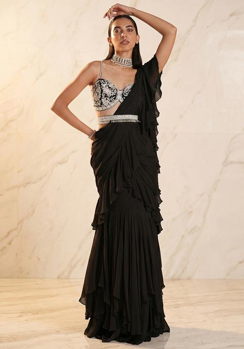 Black Embroidered Handwork Pre Draped Saree Set