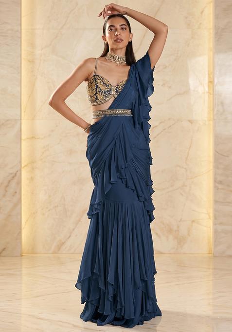 Midnight Blue Embroidered Handwork Pre Draped Saree Set