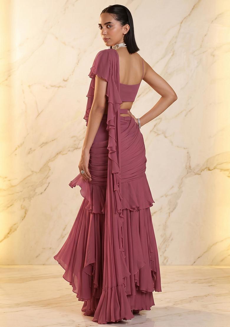 Mauve Embroidered Handwork Pre Draped Saree Set - Indya