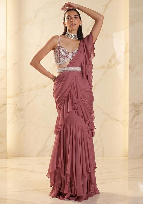 Mauve Embroidered Handwork Pre Draped Saree Set