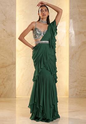 Forest Green Embroidered Handwork Pre Draped Saree Set