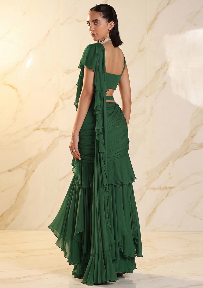 Forest Green Embroidered Handwork Pre Draped Saree Set - Indya