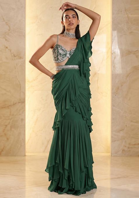 Forest Green Embroidered Handwork Pre Draped Saree Set