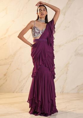 Magenta Embroidered Handwork Pre Draped Saree Set
