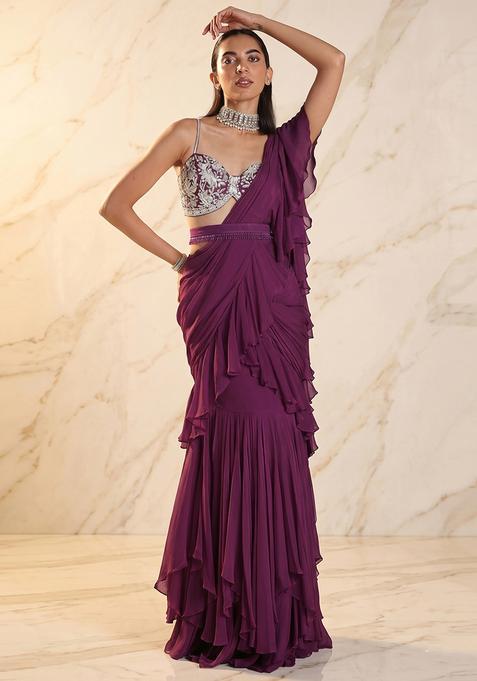 Magenta Embroidered Handwork Pre Draped Saree Set