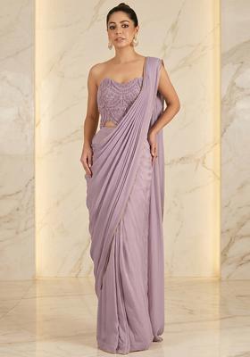 Lavender Embroidered Handwork Pre Draped Saree Set
