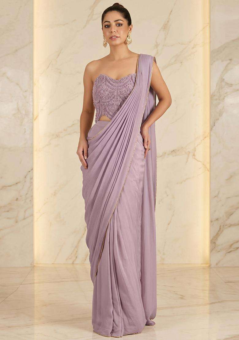 Lavender Embroidered Handwork Pre Draped Saree Set - Indya