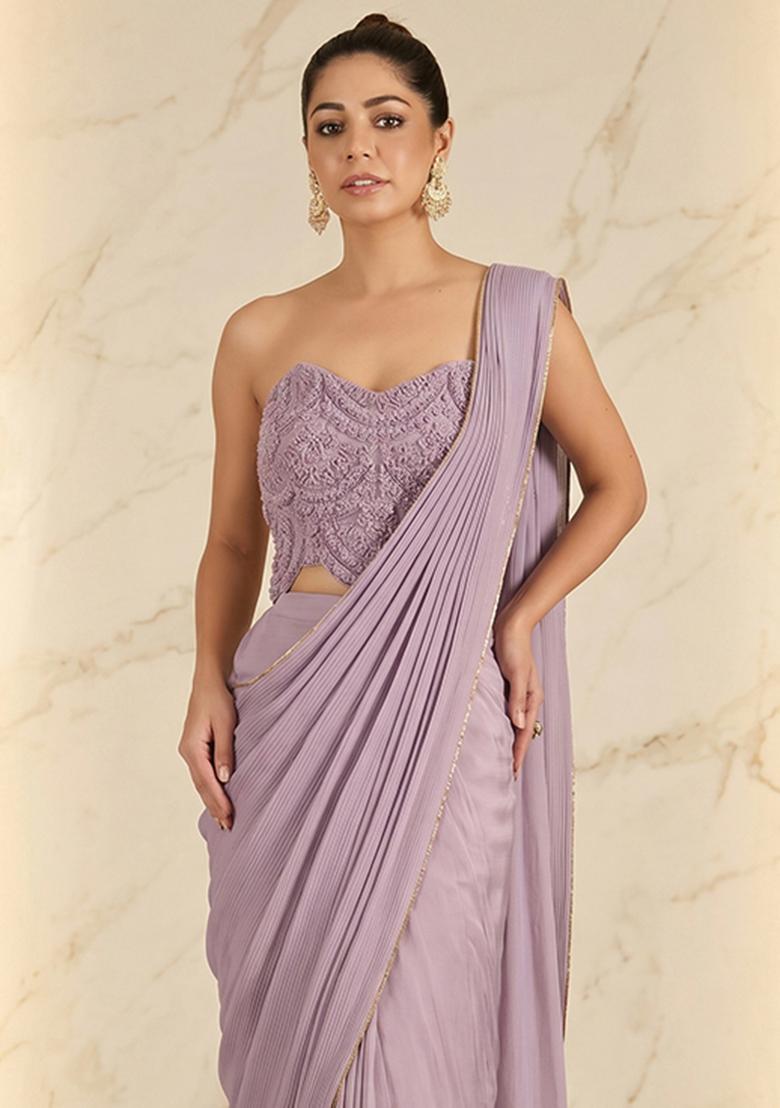 Lavender Embroidered Handwork Pre Draped Saree Set - Indya