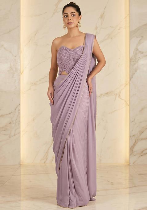 Lavender Embroidered Handwork Pre Draped Saree Set