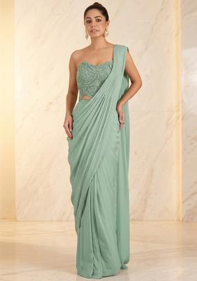 Mint Green Embroidered Handwork Pre Draped Saree Set