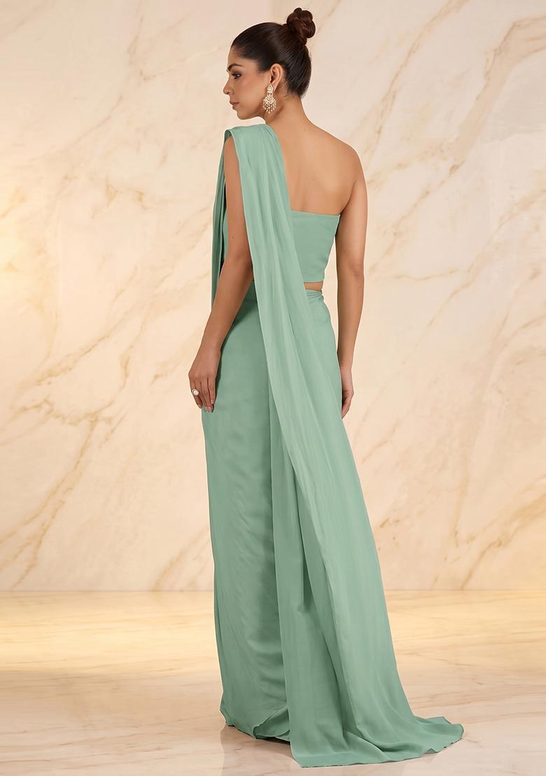 Mint Green Embroidered Handwork Pre Draped Saree Set - Indya