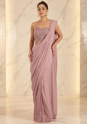 Mauve Embroidered Handwork Pre Draped Saree Set